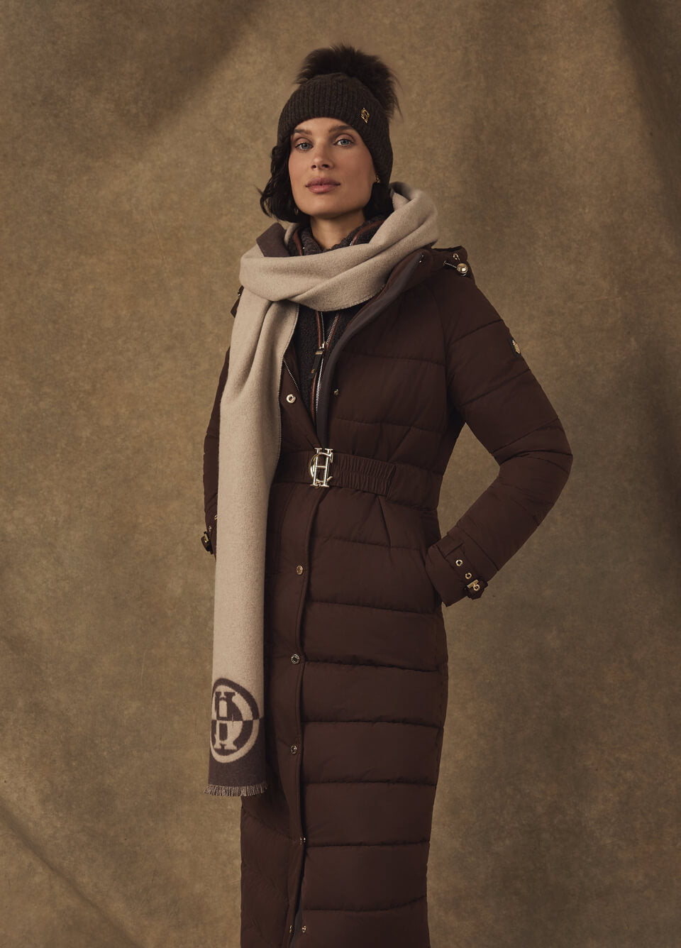 Holland Cooper Jacquard Scarf - Chocolate/Taupe