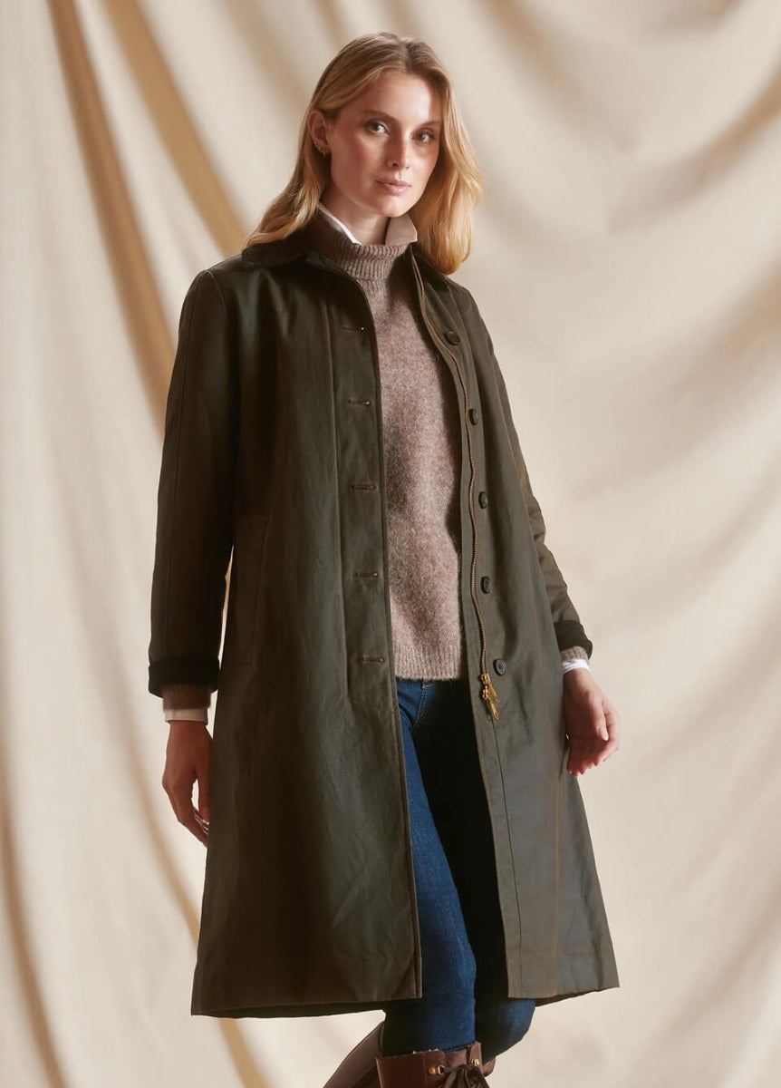 Fairfax & Favor Edith Wax Longline Coat - Dark Khaki