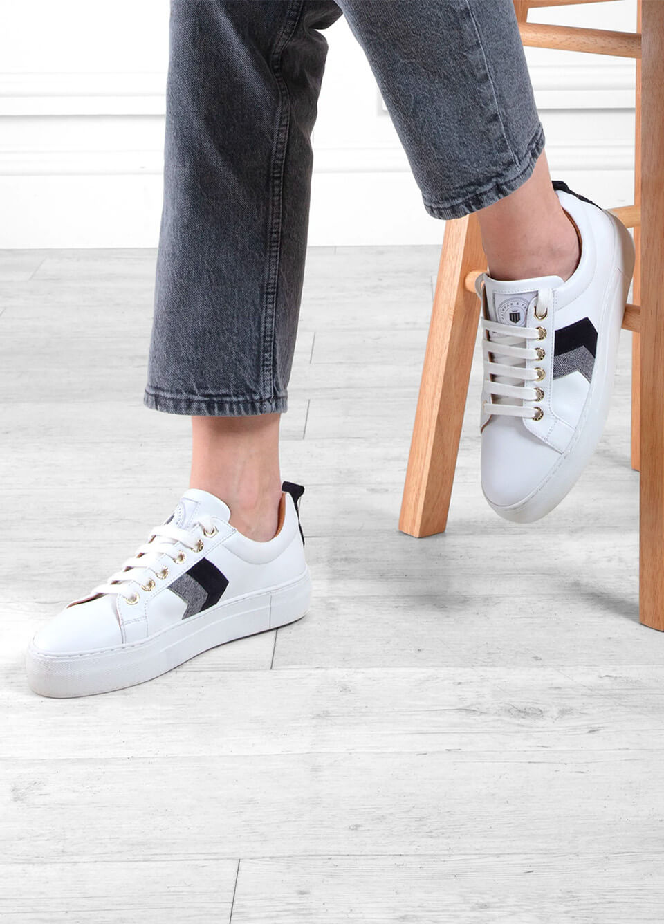 Fairfax & Favor Alexandra Platform Trainers - White/Navy/Denim