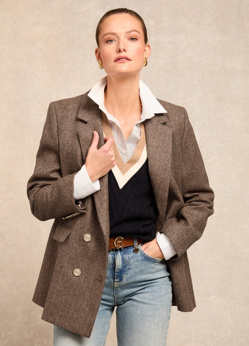 Holland Cooper Double Breasted Blazer - Large Scale Brown Herringbone