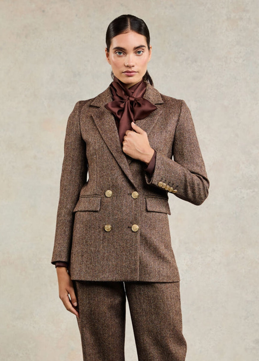 Holland Cooper Double Breasted Blazer - Large Scale Brown Herringbone