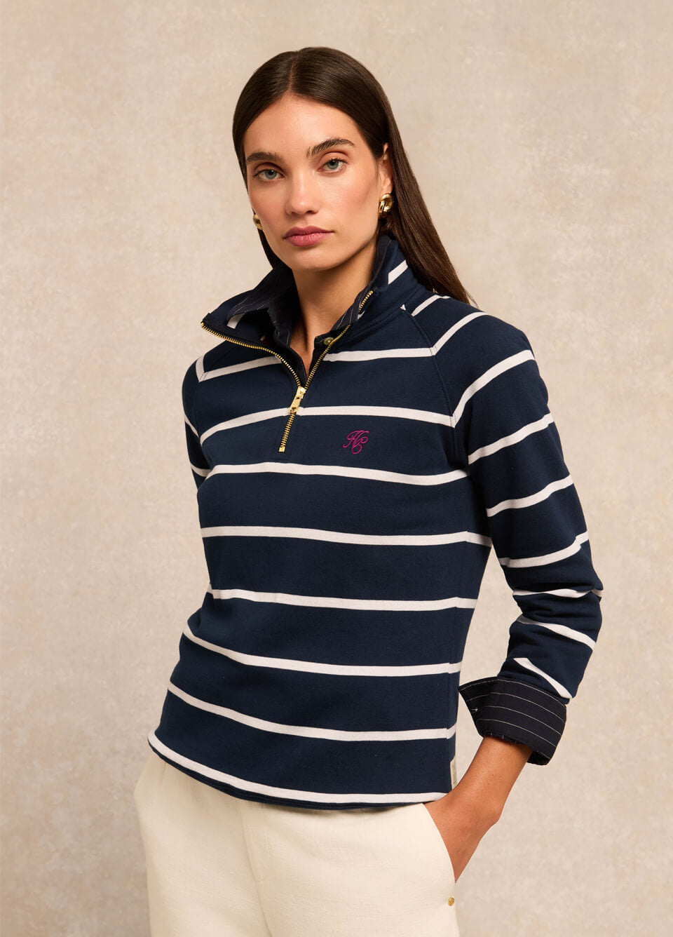 Holland Cooper Kingham Quarter Zip Neck Sweat - Ink Navy Stripe