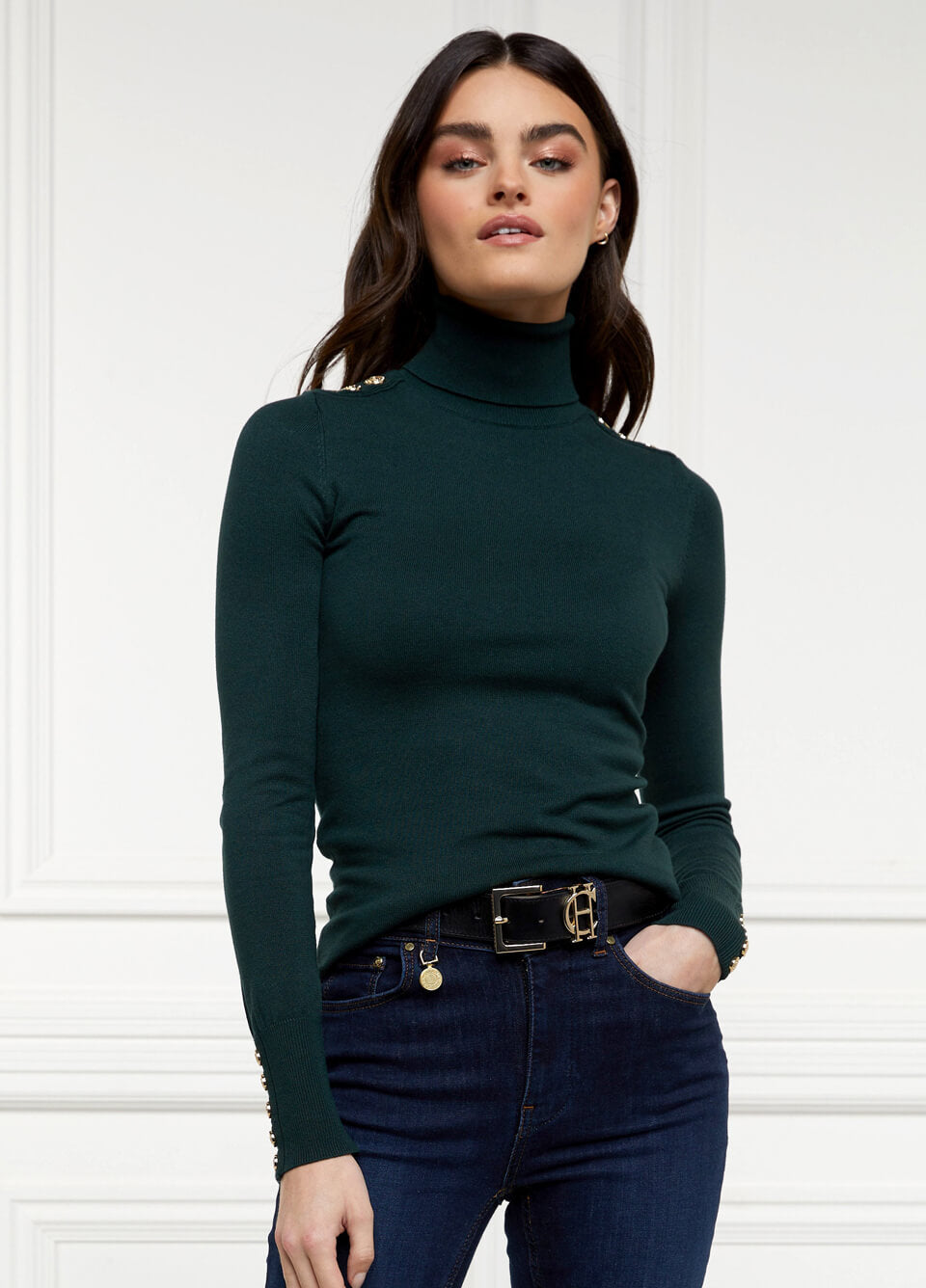 Holland Cooper Button Knit Roll Neck - Deep Emerald
