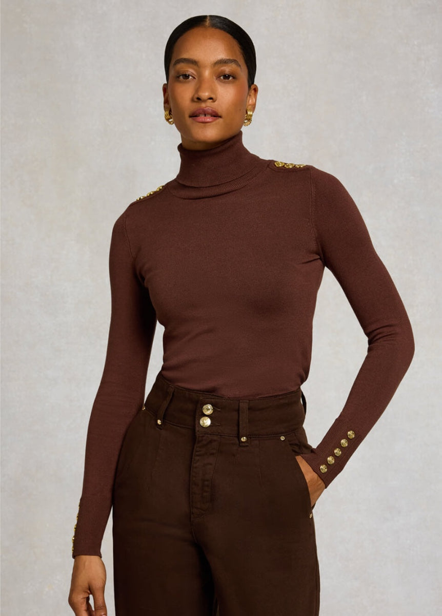 Holland Cooper Button Knit Roll Neck - Walnut