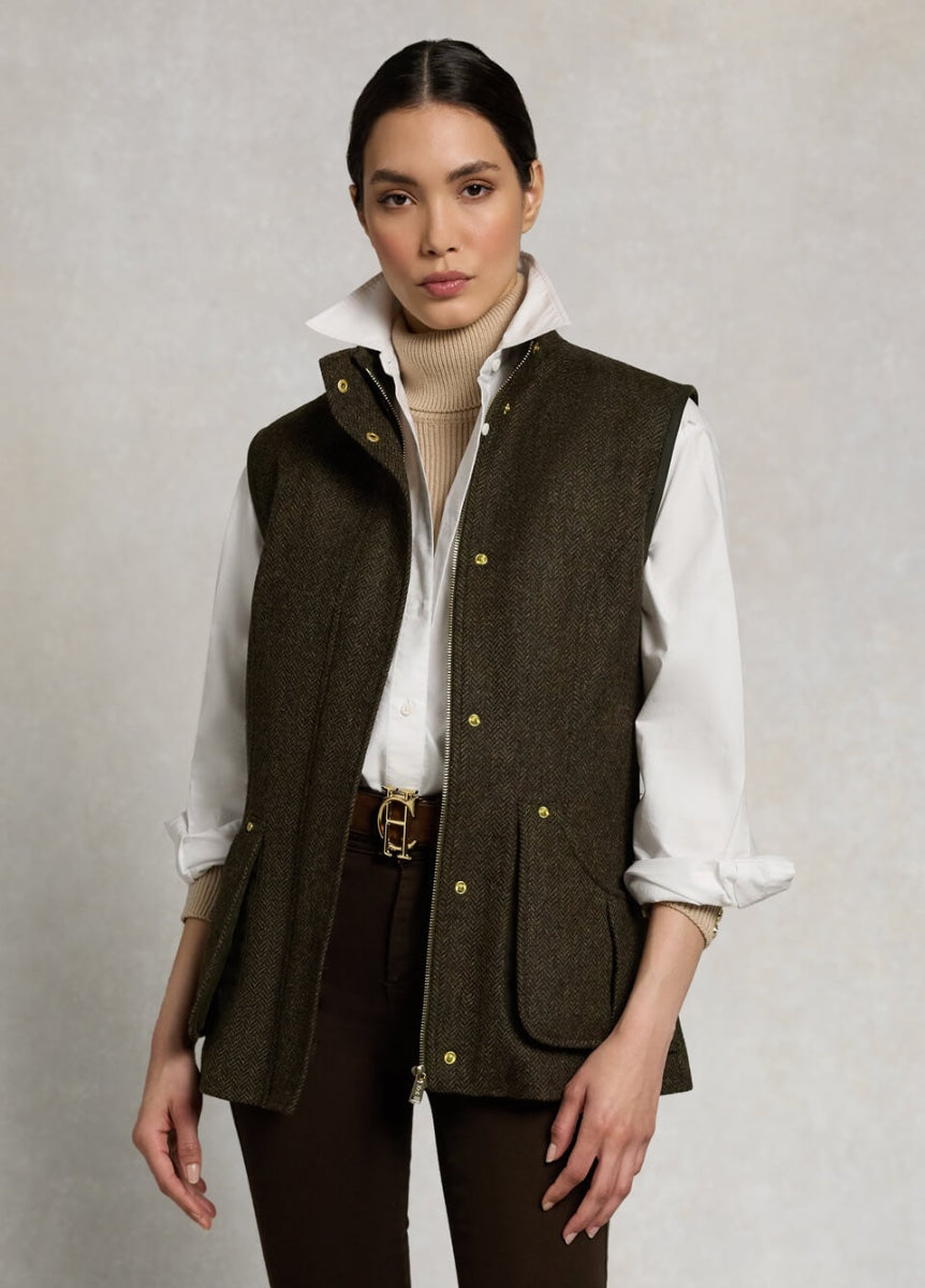Holland Cooper Country Classic Tweed Gilet - Dark Green Herringbone