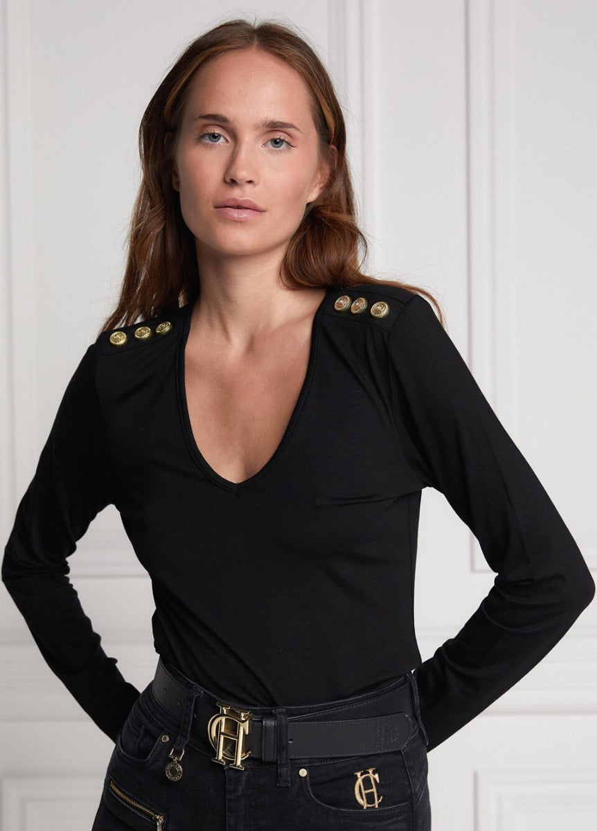Holland Cooper Long Sleeve Vee Neck Tee - Black