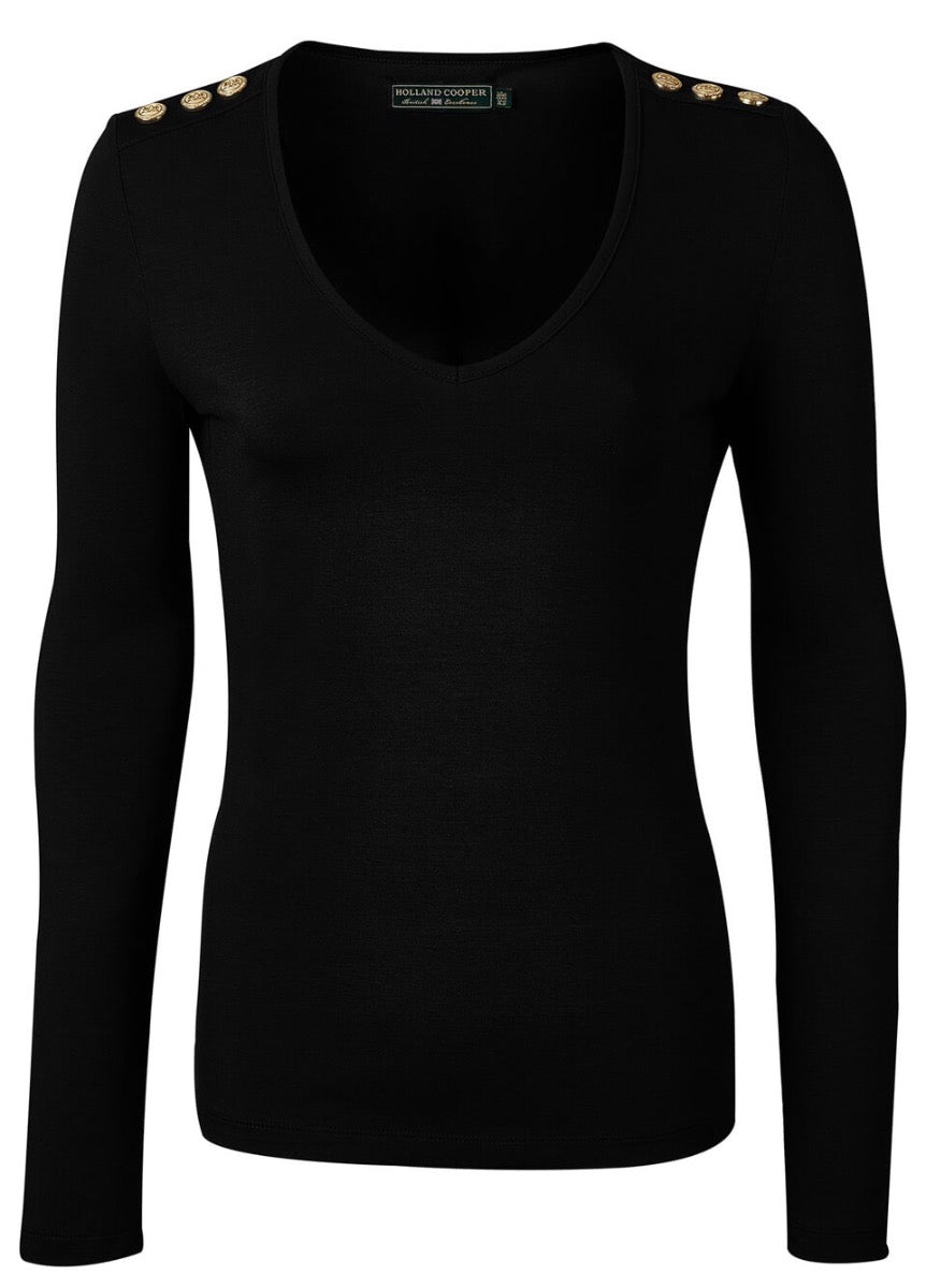 Holland Cooper Long Sleeve Vee Neck Tee - Black