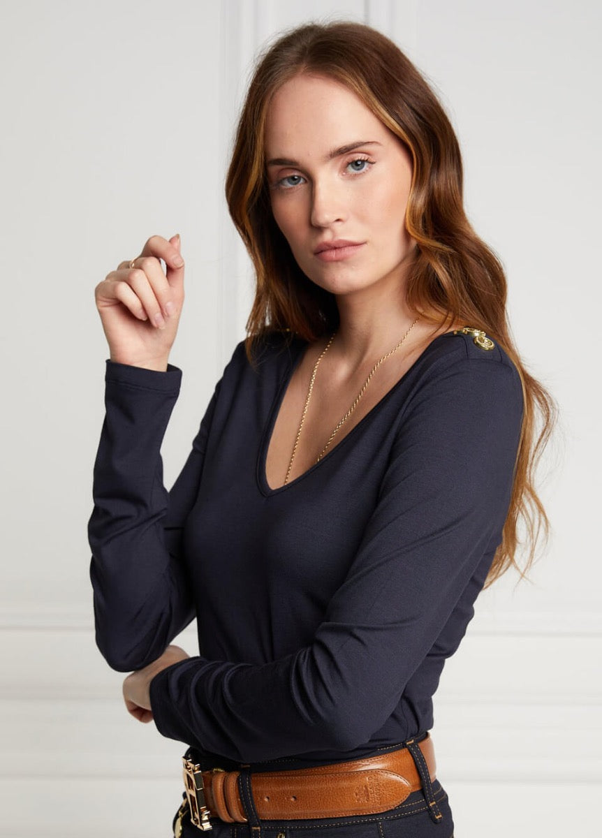 Holland Cooper Long Sleeve Vee Neck Tee - Ink Navy