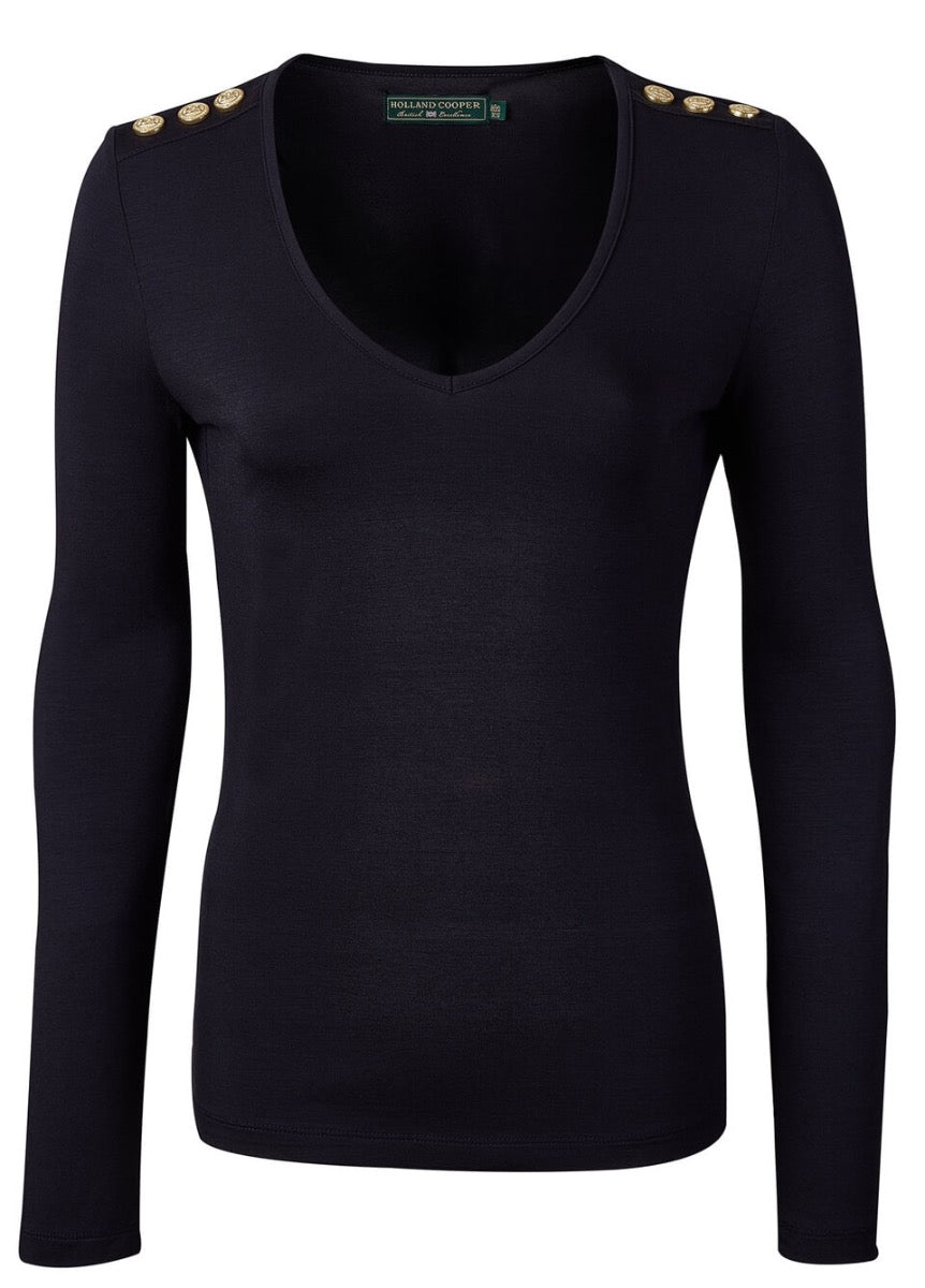 Holland Cooper Long Sleeve Vee Neck Tee - Ink Navy