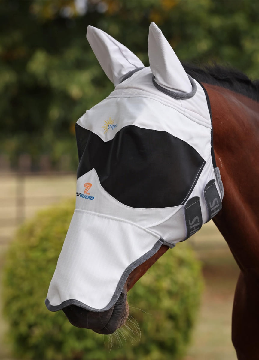 Shires Flyguard Pro Sun Shade Fly Mask with Ears & Square Nose - White