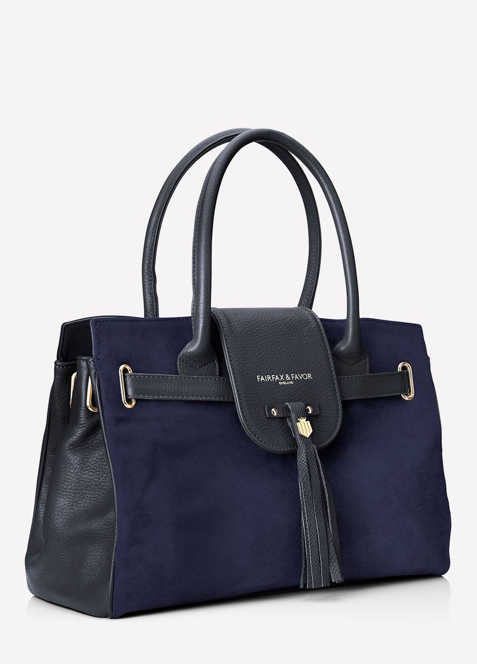 Fairfax & Favor Windsor Leather and Suede Handbag - Navy Blue